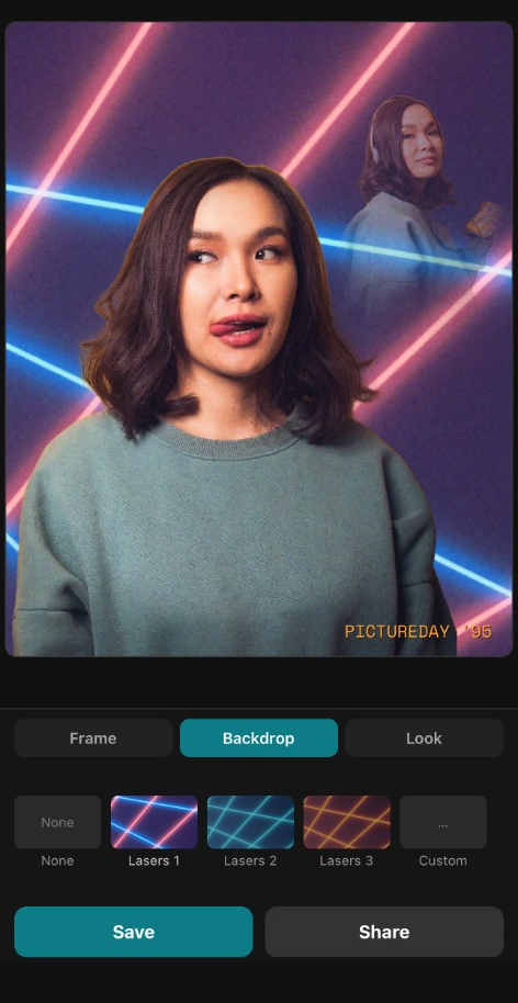 Compose screen with laser backdrop, double-exposure portrait, and Save and Share controls